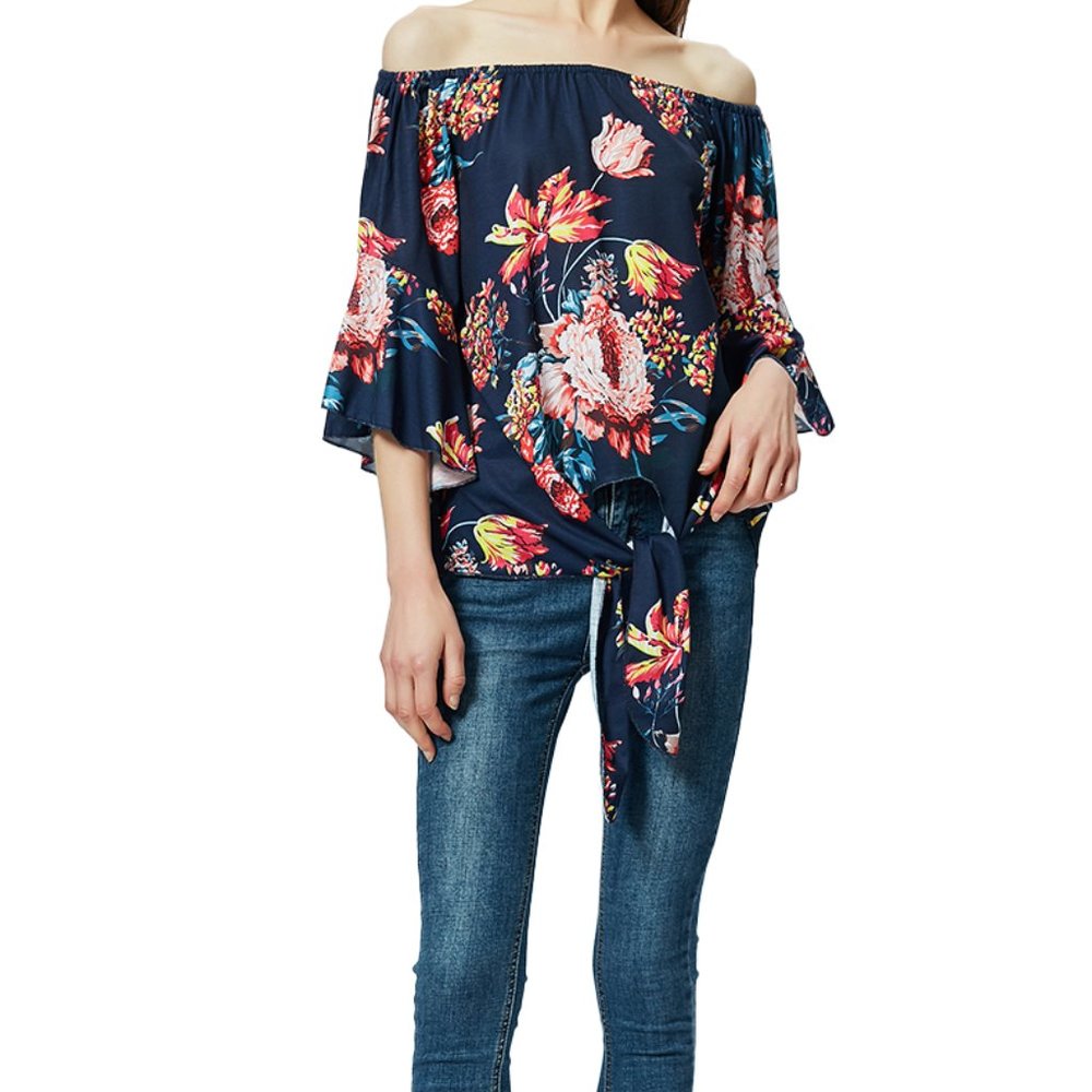 Trumpet Sleeve Tie-Front Blouse